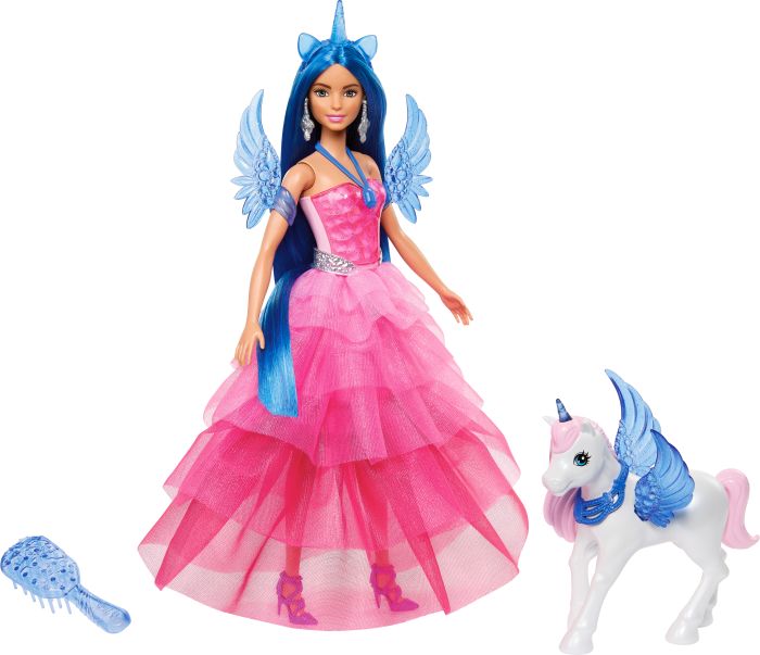 Barbie® 65th Anniversary Puppe – Einhorn-Thema, Blaues Haar, Pinkes Kleid & Alicorn-Haustier, HRR16