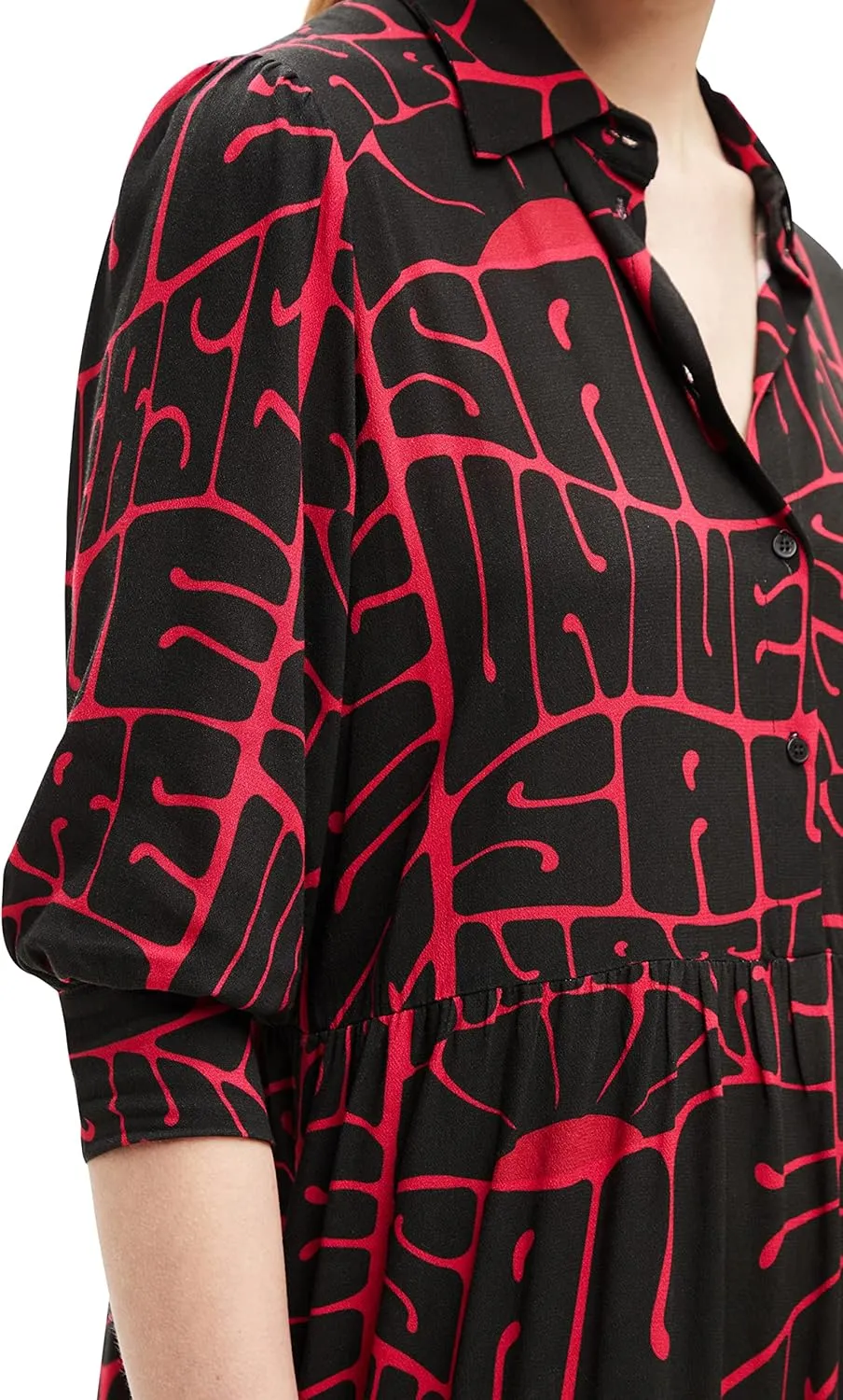 Desigual Damen Kleid - Schwarzes Kleid mit pinkem Schriftzug-Print 22WWVW203001 GR. S