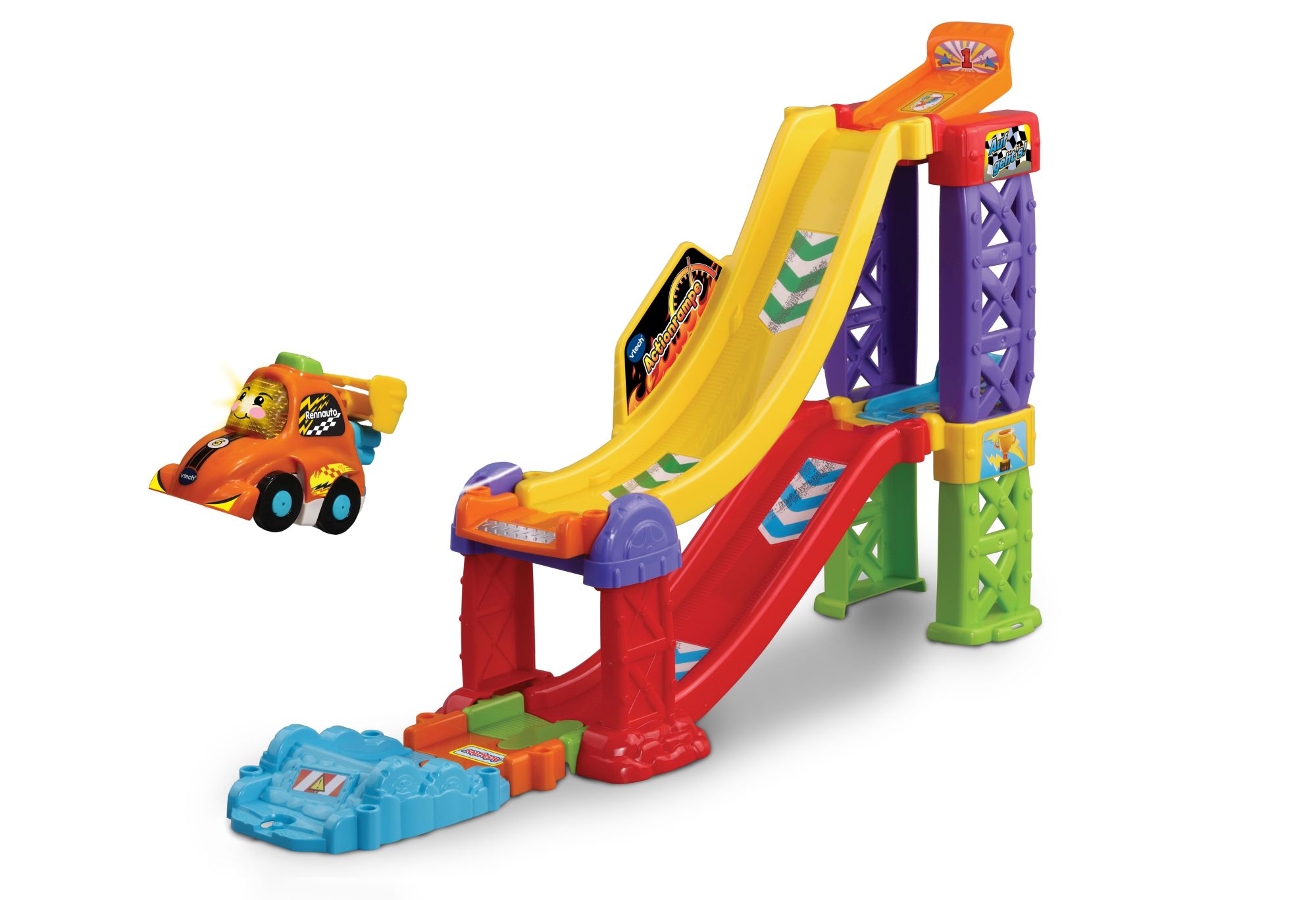 VTech Tut Tut Baby Flitzer Actionrampe 3-in-1 mit Sprungrampe, Startturm, Rennauto mit Spoiler-Taste, 2 magischen Sensoren, 3 Singlieder & 6 Kindermelodien, kindersicheres Batteriefach, ab 1 Jahr,