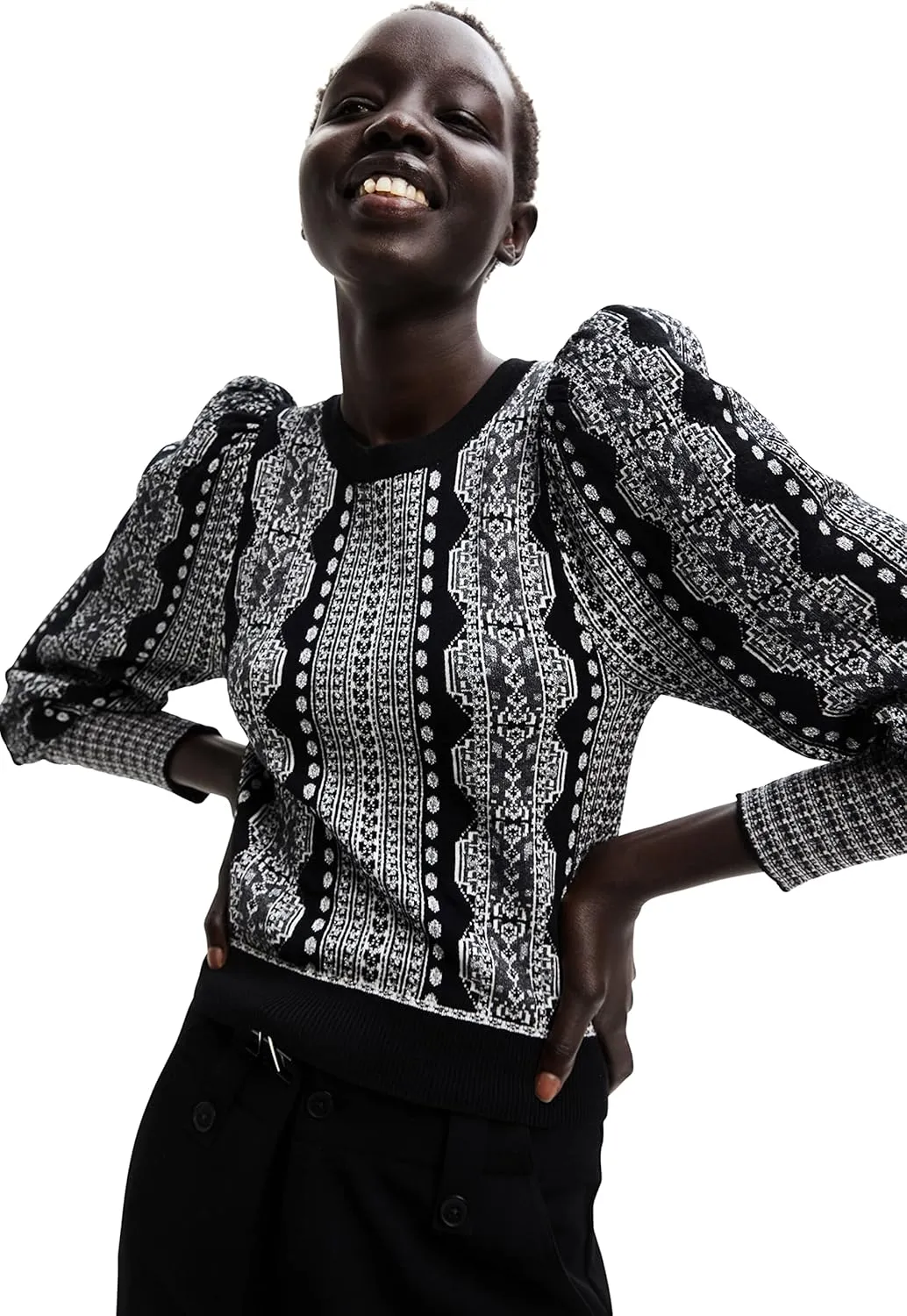 Desigual Damen Pullover - Schwarz-Weiß Strickpullover mit Muster 22WWJFA22000 GR. S