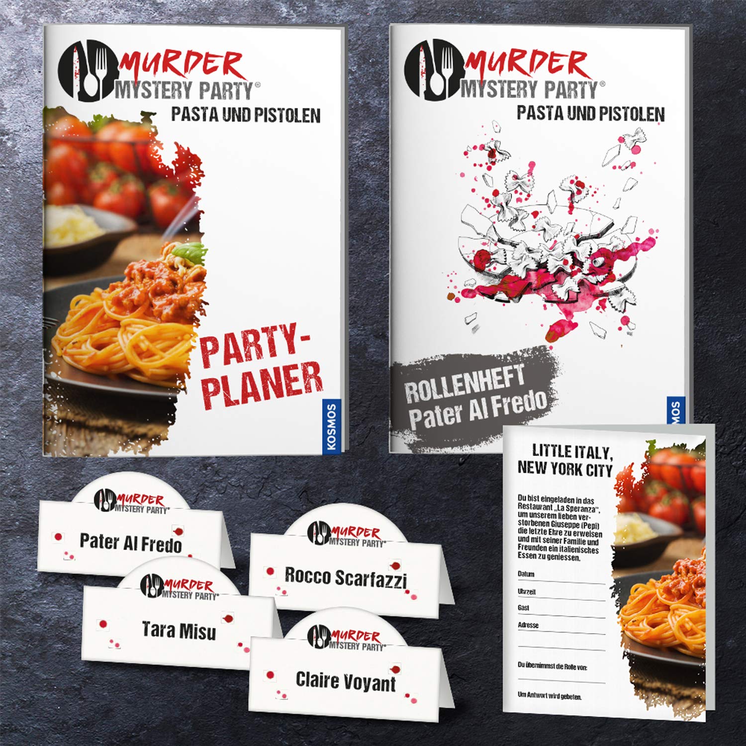 Kosmos Das Krimi Dinner Pasta Und Pistolen - Mordfall Zum Mitspielen Für 8 Personen 695095 Werbung, Plakat, Visitenkarte, Papier, Text, Werbung, Plakat, Visitenkarte, Papier, Text
