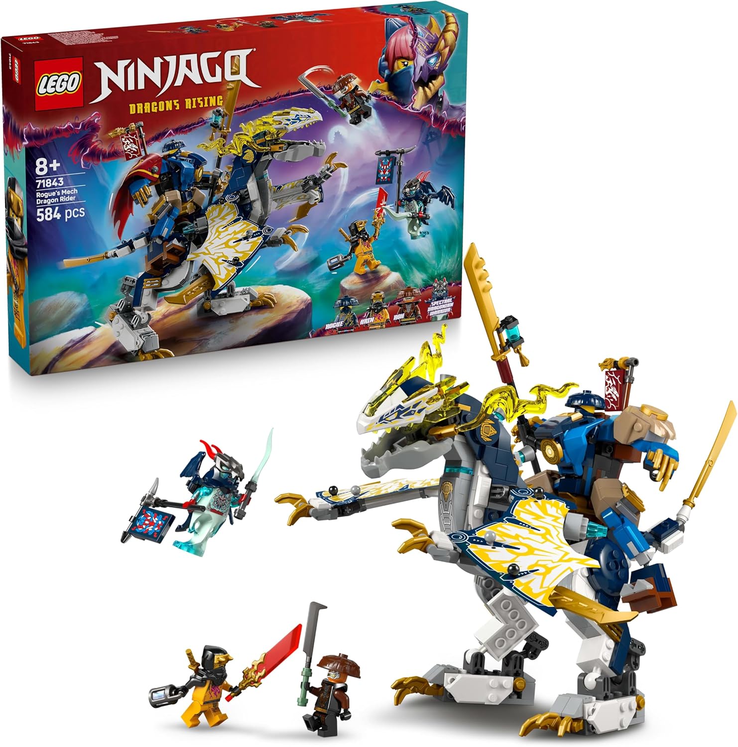 LEGO® NINJAGO® 71843 Rogues Mech Drachenreiter – Verpackung, Zubehör und Details sichtbar