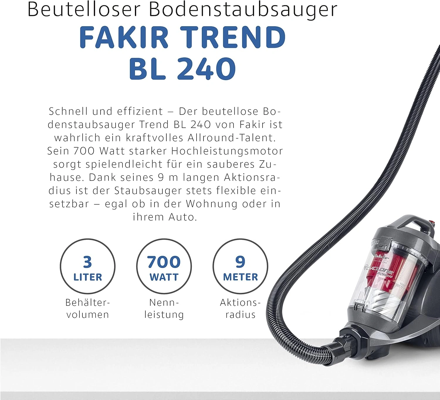 FAKIR trend BL 240 Beutelloser Bodenstaubsauger – 700 W, HEPA H13, 3 l Staubbehälter