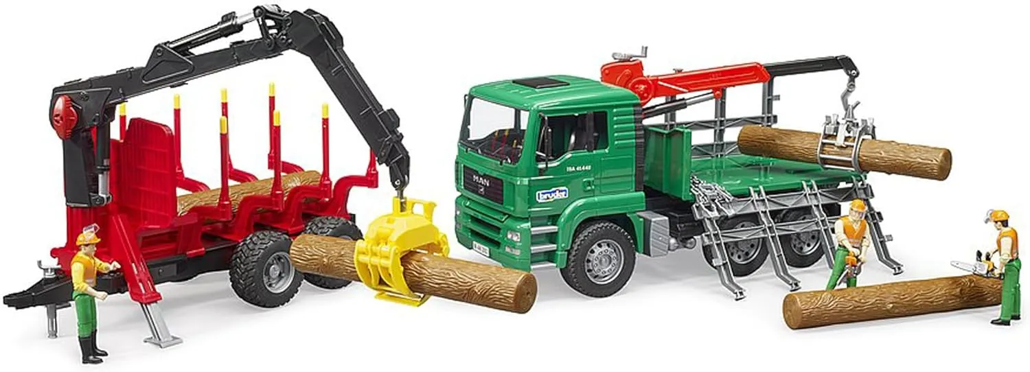 Bruder 02252 Rückeanhänger mit Ladekran - Realistisches Forstspielzeug für Kinder