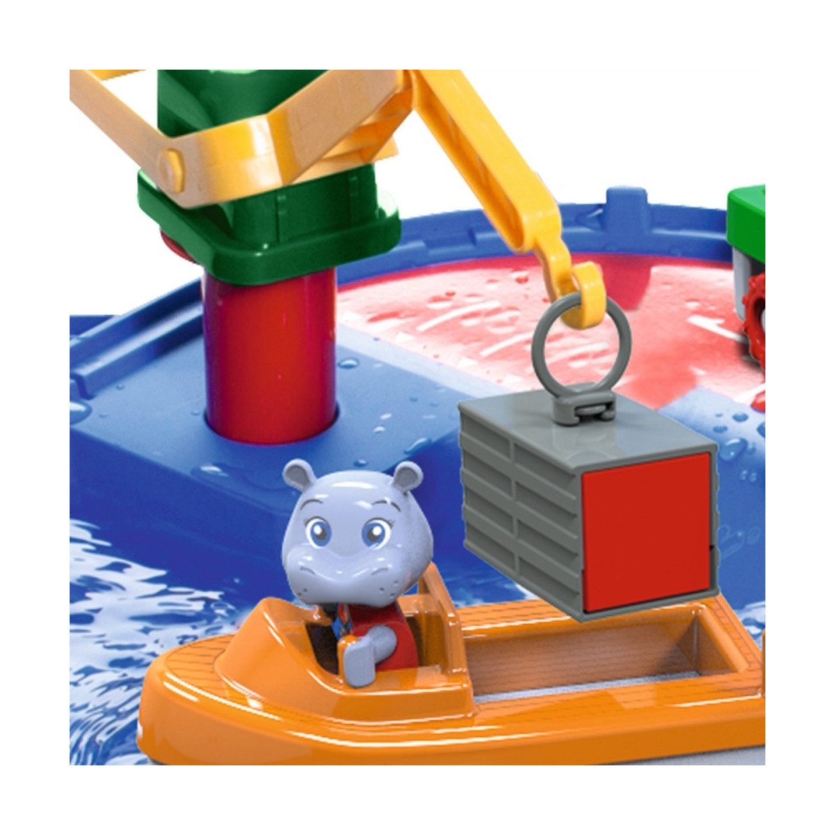 Aquaplay 8700001501 Start Set - Wasserbahn für wenig Platz mit 21 Teilen inklusive 1 Hippo Wilma, Amphibienauto und Containerboot