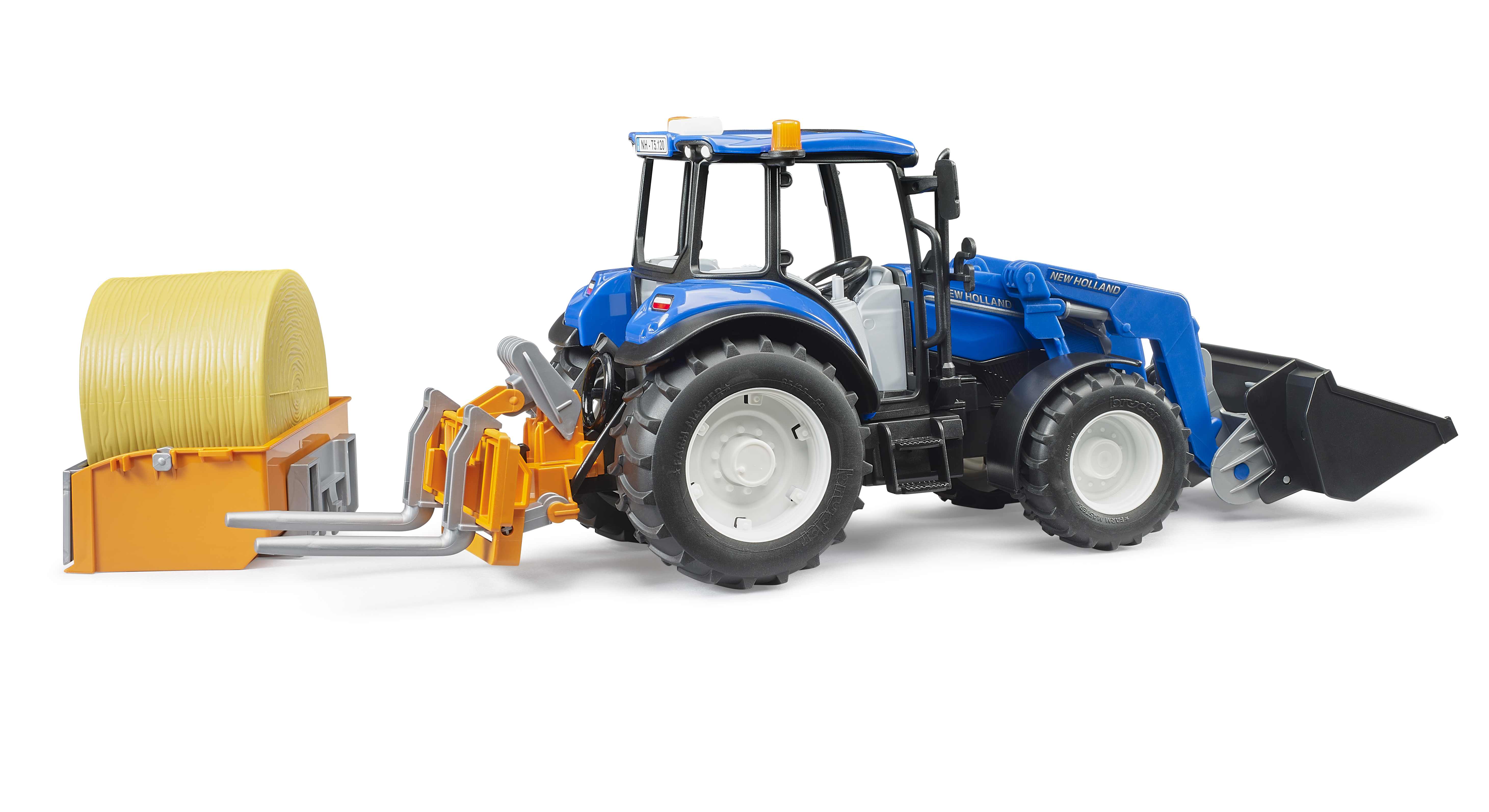 BRUDER 02187 - New Holland T5.120 mit Frontlader, Ladekasten, Gabeln und Rundballen - Bild 5
