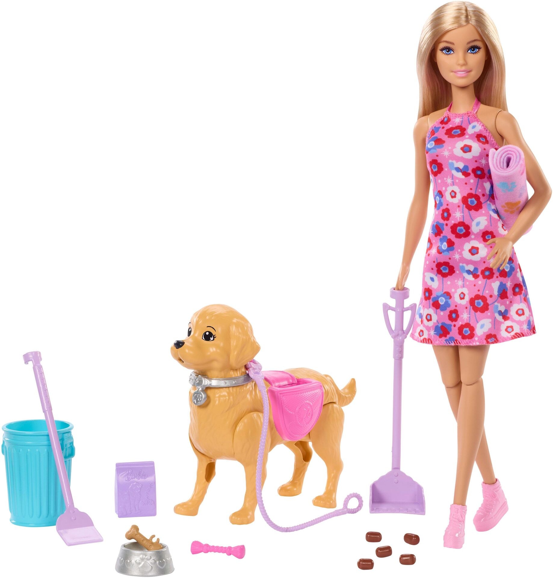 Puppe - Mattel - Barbie Malibu Hundespaziergang Spielset, enthält Puppe, Hund zum Spazierengehen und Häufchenmachen &