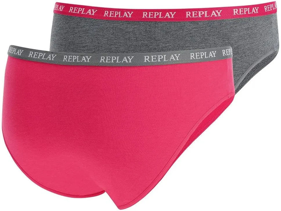 REPLAY Damen Slips I101297GP - Grau/Pink, 2er Pack mit Logo-Bund GR. L