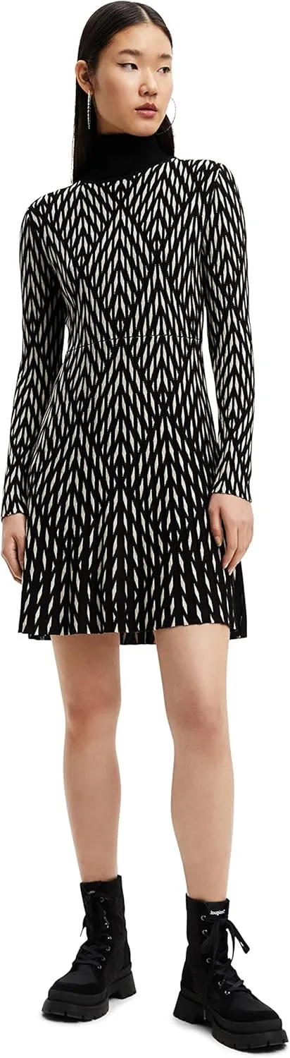 Desigual Damen Kleid - Schwarz-weißes Strickkleid mit Rollkragen 22WWVF072000 GR. S