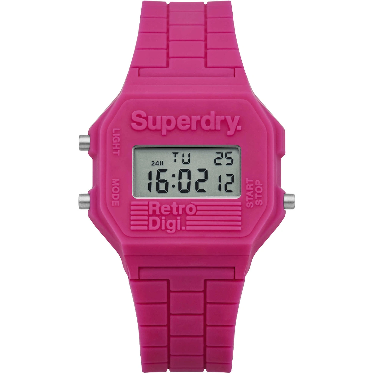 Superdry SYL201P „Retro Digi Pink“ - Unisex-Digitaluhr, 35 mm, Silikon, Kunststoff
