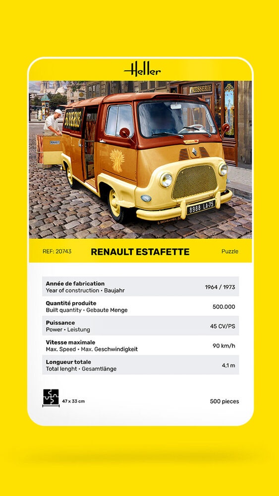 Heller Puzzle Renault Estafette 500 Teile, ab 3 Jahren Heller Puzzle Renault Estafette mit 500 Teilen, Detail-Motiv eines klassischen Fahrzeugs, ab 3 Jahren, ideal für Kinder und Sammler, Werbung, Plakat, Person, Wohnwagen, Auto, Werbung, Plakat, Person, Wohnwagen, Auto