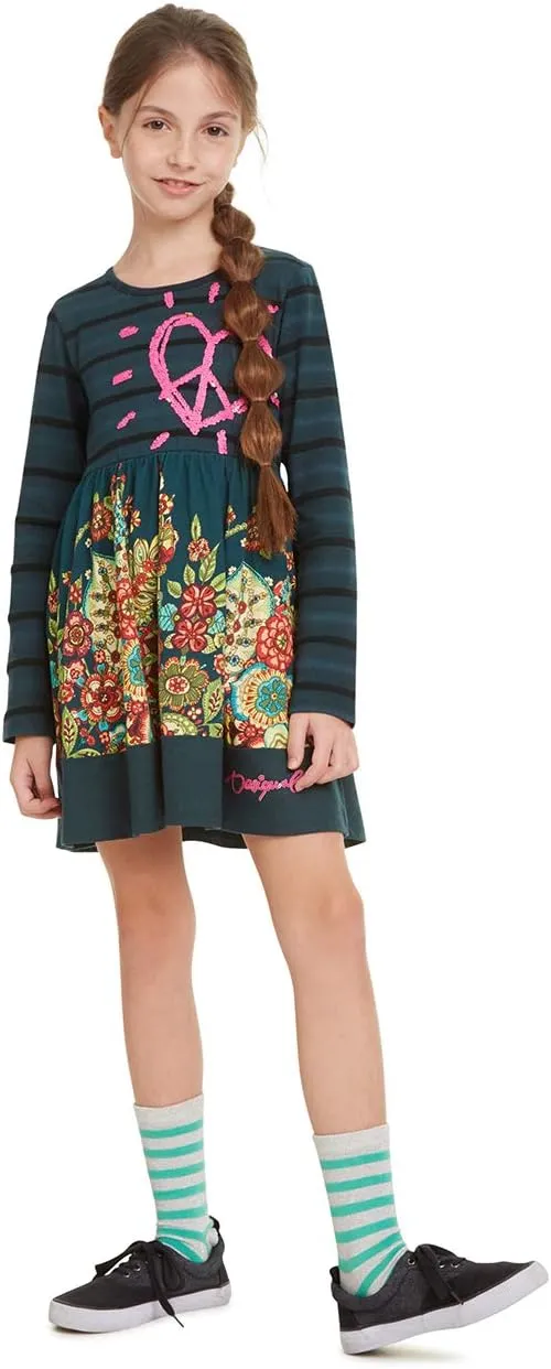 Desigual Mädchen Kleid „Physalis“ - Blumenmuster mit Pailletten-Herz 19WGVK93