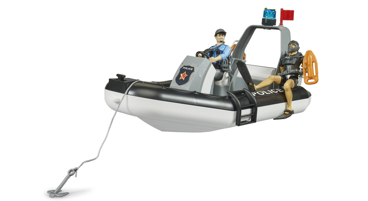 Bruder, 62733, Bworld, Polizei, Schlauchboot, Mit, Rundumleuchte, 2, Figuren, Und, Zubehör, Wasserfahrzeug, Beiboot, Schutzhelm, Weste, Person