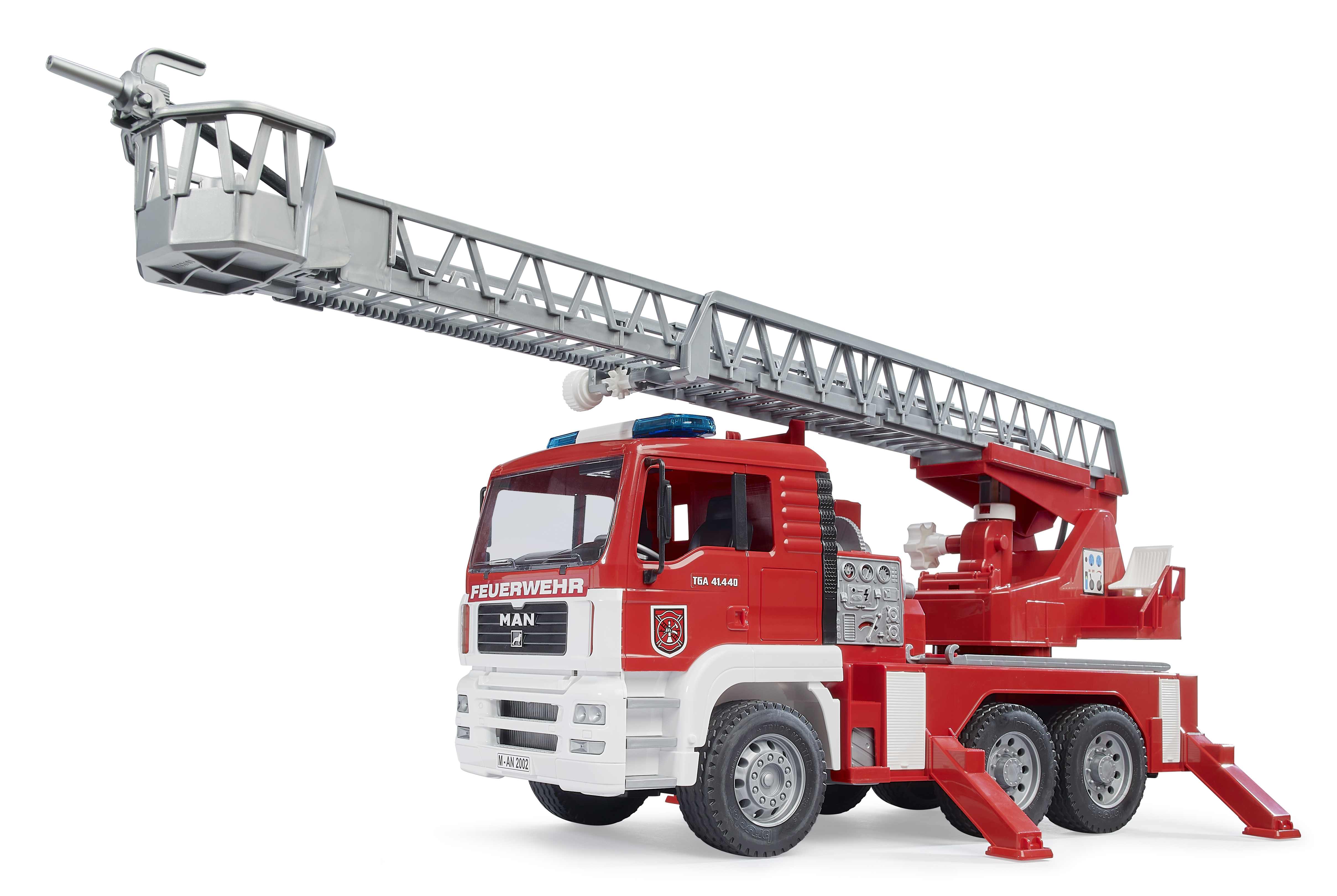 BRUDER 02771 - MAN TGA Feuerwehr mit Drehleiter, Wasserpumpe und Light And Sound Moduletruckss) Inkl. Batterie