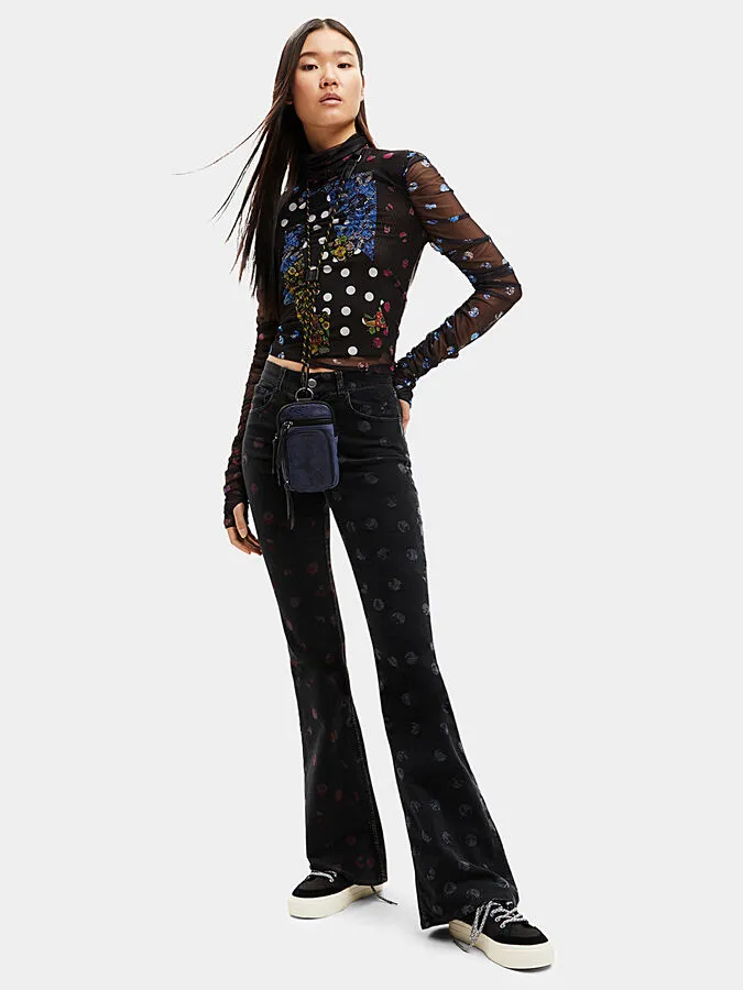 Desigual Damen Langarmshirt - Schwarzes Mesh-Shirt mit buntem Patch-Design 22WWTK472000 GR. XS