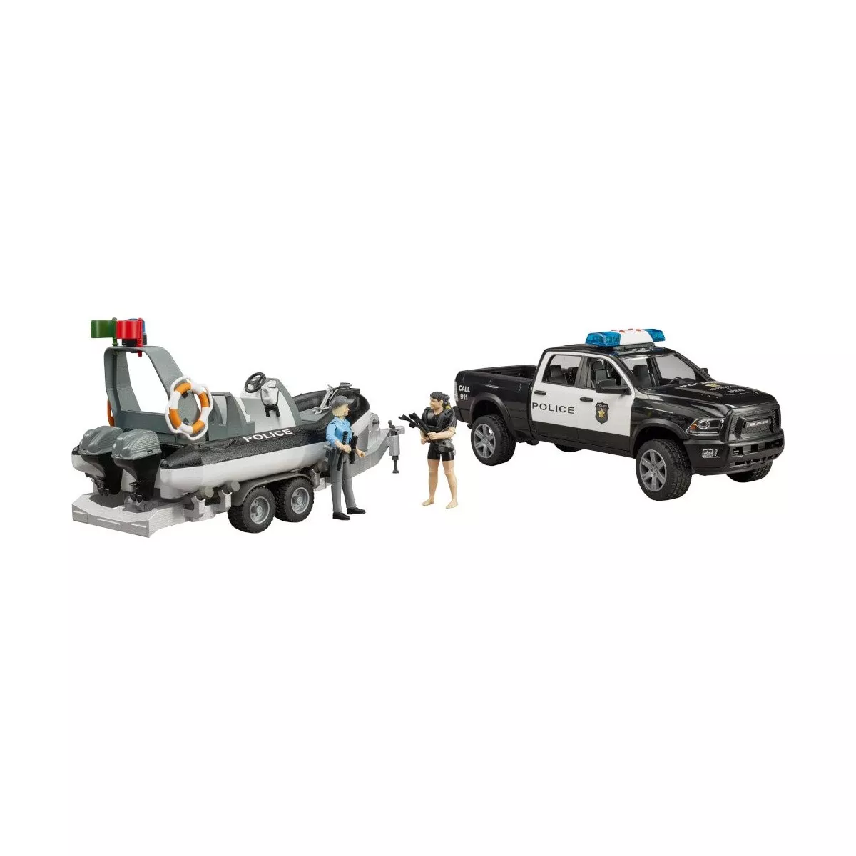 Bruder_02507_Ram_2500_Polizei_Pickup_Mit_L_+_S_Modul,_Anhänger,_Boot_Und_2_Figuren