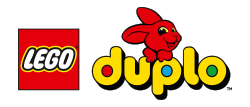DUPLO® LEGO Duplo Logo – gelbes „duplo“-Schriftzug mit rotem Hasenmotiv darüber, Dynamit, Waffe, Dynamit, Waffe