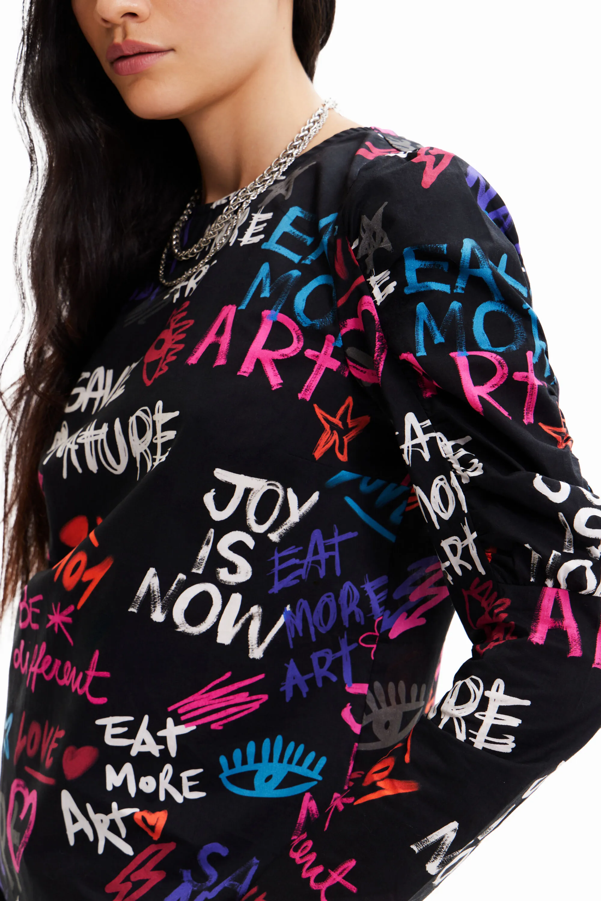 Desigual Damen Bluse - Schwarz, Bunt bedruckt 22WWBW032000 GR. M