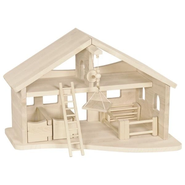 goki Holzstelzen Stall mit Seilwinde - Massivholz-Bauernhofstall, 56,5 × 38 × 39,5 cm