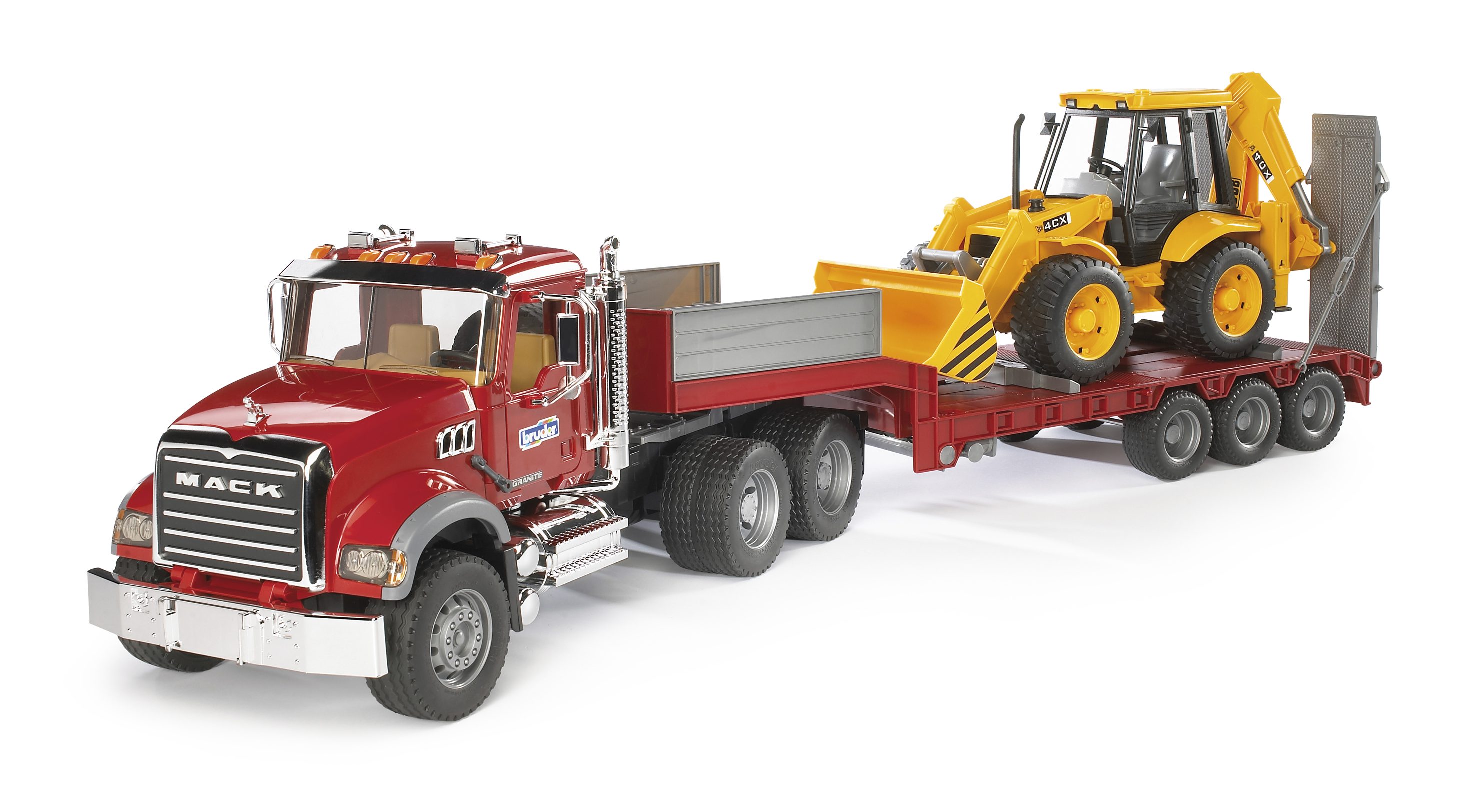BRUDER 02813 - MACK Granite LKW mit Tieflader und JCB 4CX Baggerlader