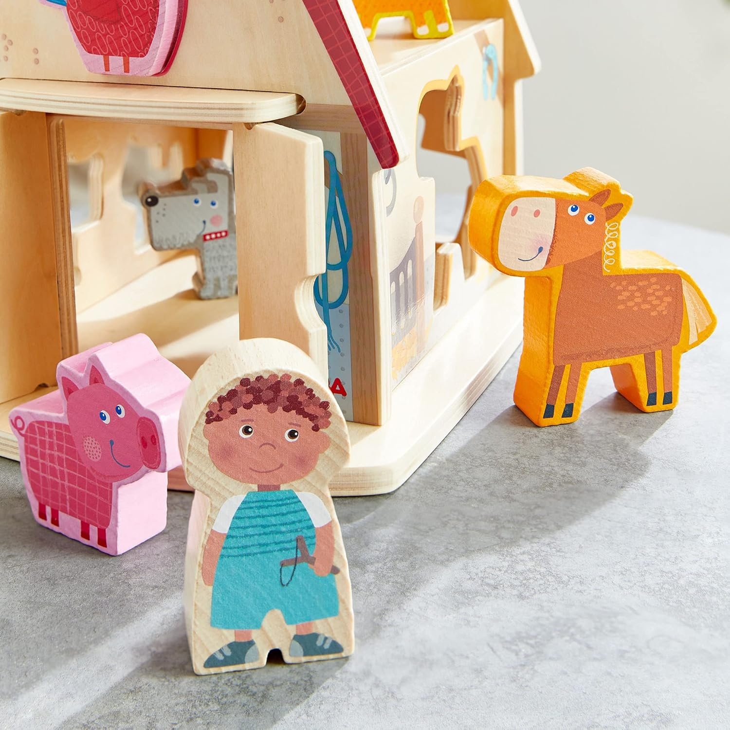 HABA Sortierbox Bauernhof, Steckspiel mit Bauernhoftieren und Scheune aus Holz