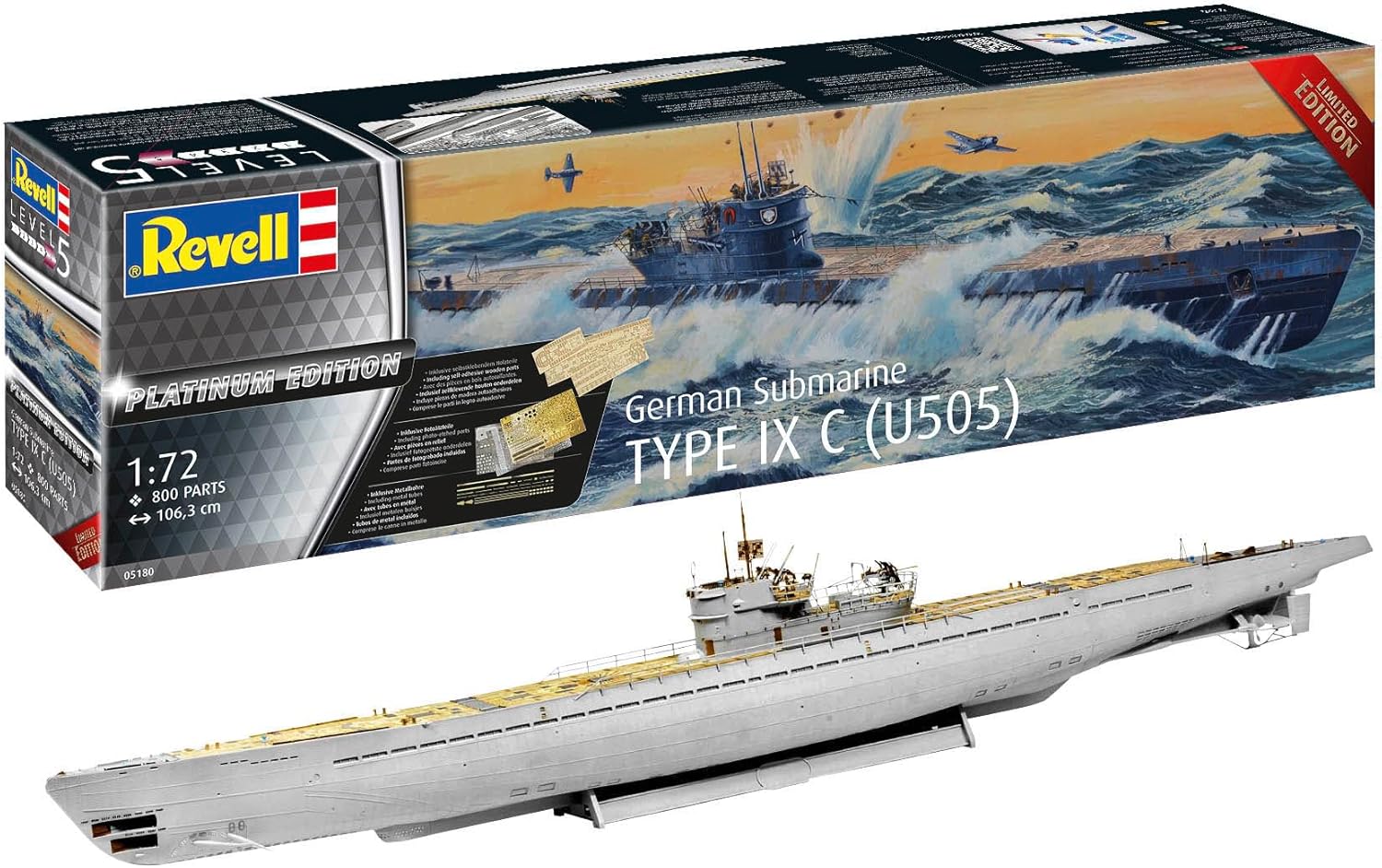 Revell, 05180, German, Submarine, Type, IX, C, U505, "Platinum, Edition", Modellbausatz, 1:72