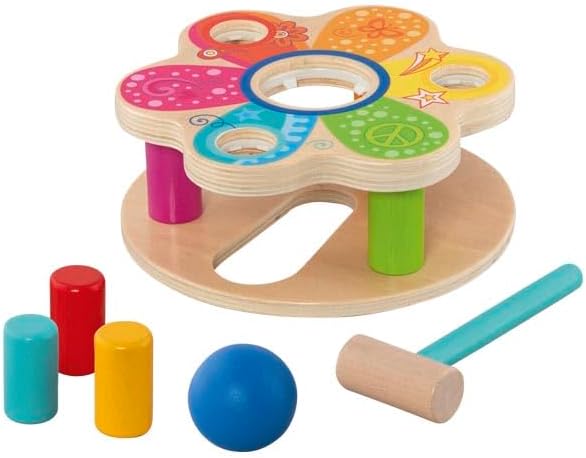 GOKI 58310 Hammerbank - Motorikspielzeug aus Holz im Blumen-Design