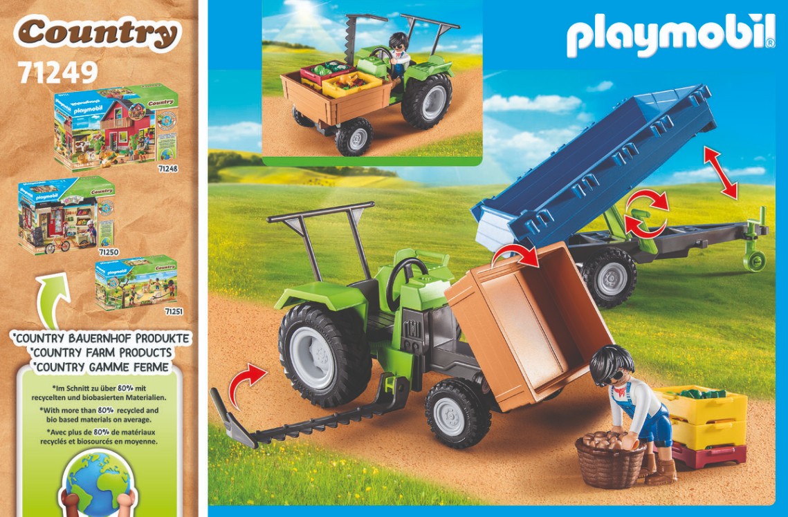 PLAYMOBIL, 71249, Traktor, mit, Hänger, Gras, Rad, Person, Rasen