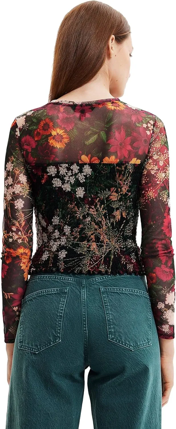 Desigual Damen Langarmshirt - Schwarzes Mesh-Shirt mit abstraktem Muster 22WWTK639019 GR. M