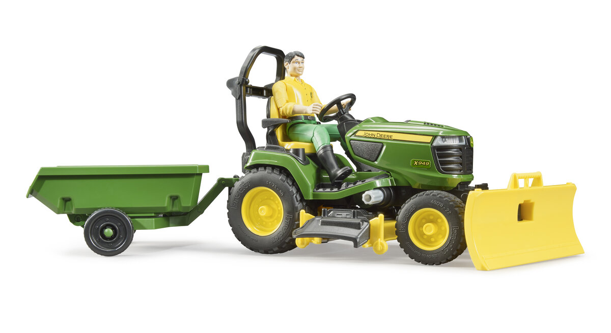 Bruder, 62104, Bworld, John, Deere, Aufsitzrasenmäher\nMit, Anhänger, Und, Gärtner, Gras, Maschine, Rad, Person, Rasenmäher