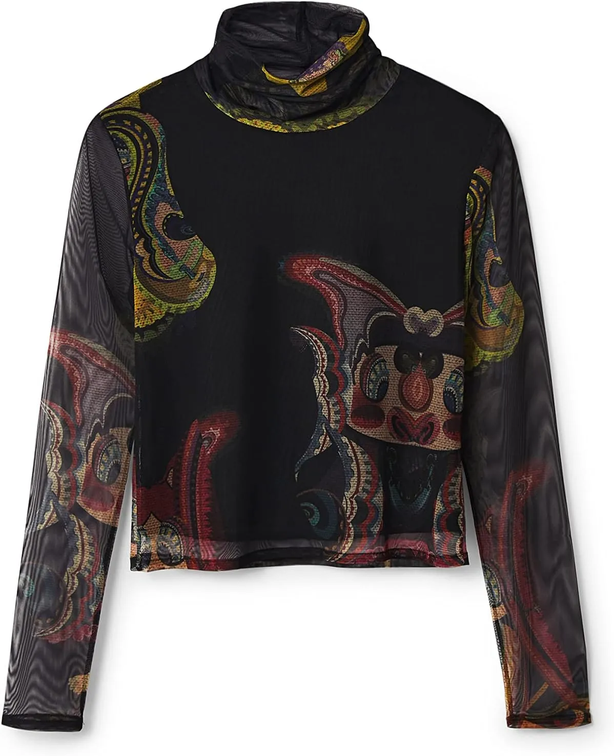 Desigual Damen Langarmshirt - Schwarzes Mesh-Shirt mit buntem Print 22WWTK392000 GR. M