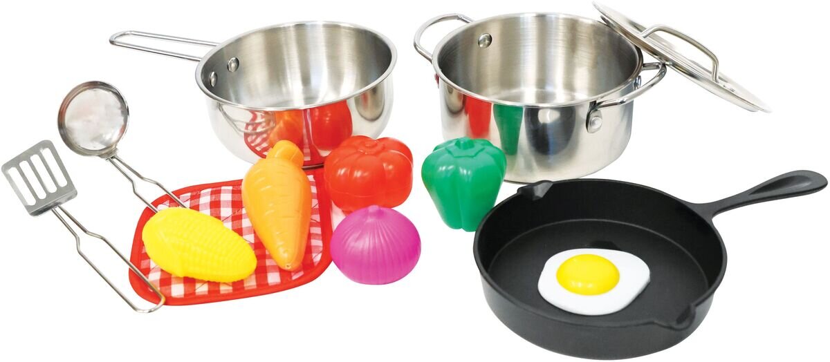 SpielMaus Küche Edelstahl Topfset, 13-teilig Ei, Essen, Kochpfanne, Kochgeschirr