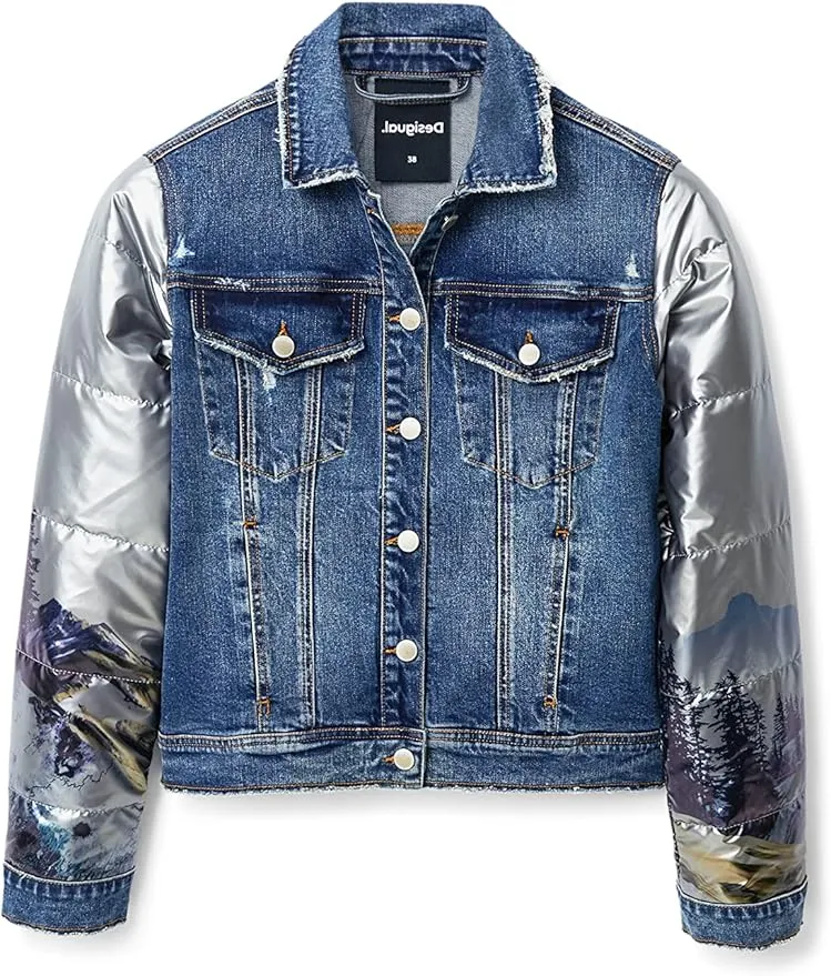 Desigual Damen Jacke - Jeansjacke mit silbernen Ärmeln 22WWEWAX2004 GR. S