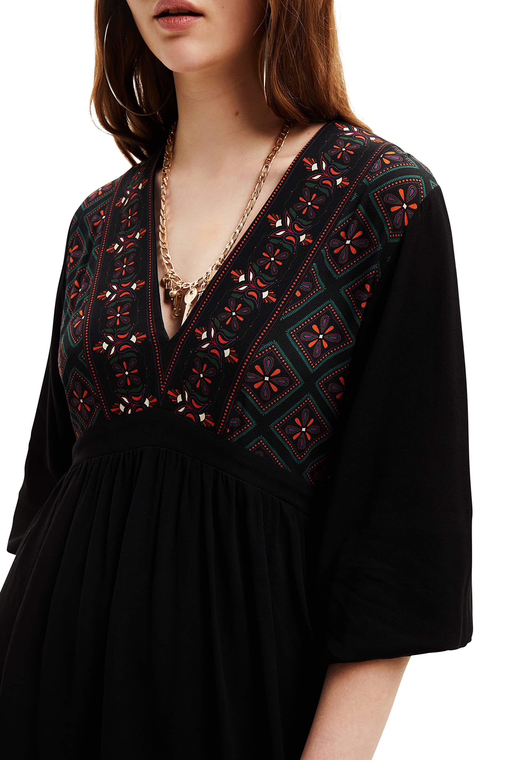 Desigual Damen Casual Dress - Langarmkleid mit geometrischem Muster. Schwarz GR. XXL