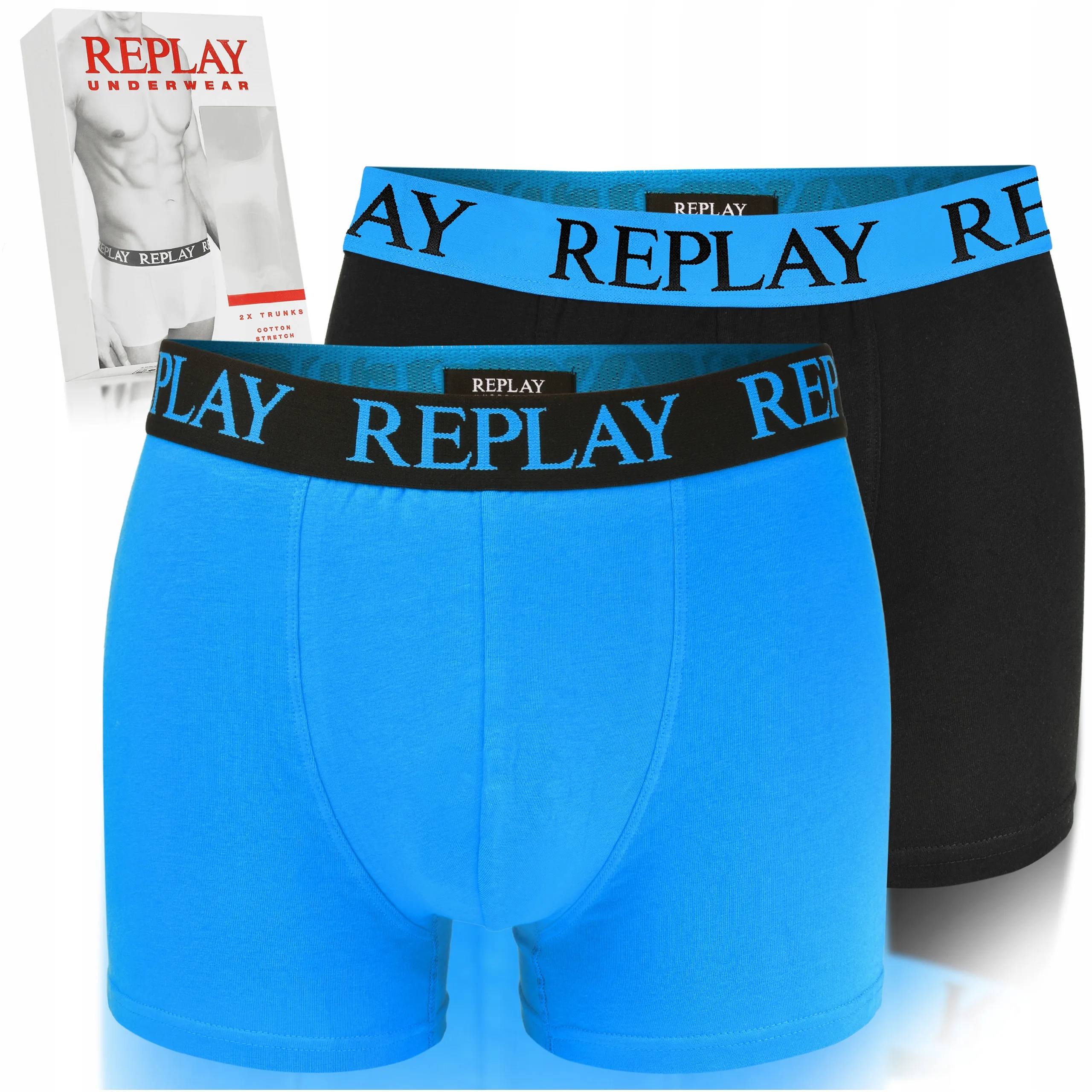 REPLAY Herren Boxershorts I101143BB - Blau/Schwarz, 2er Pack mit Logo-Bund GR. L