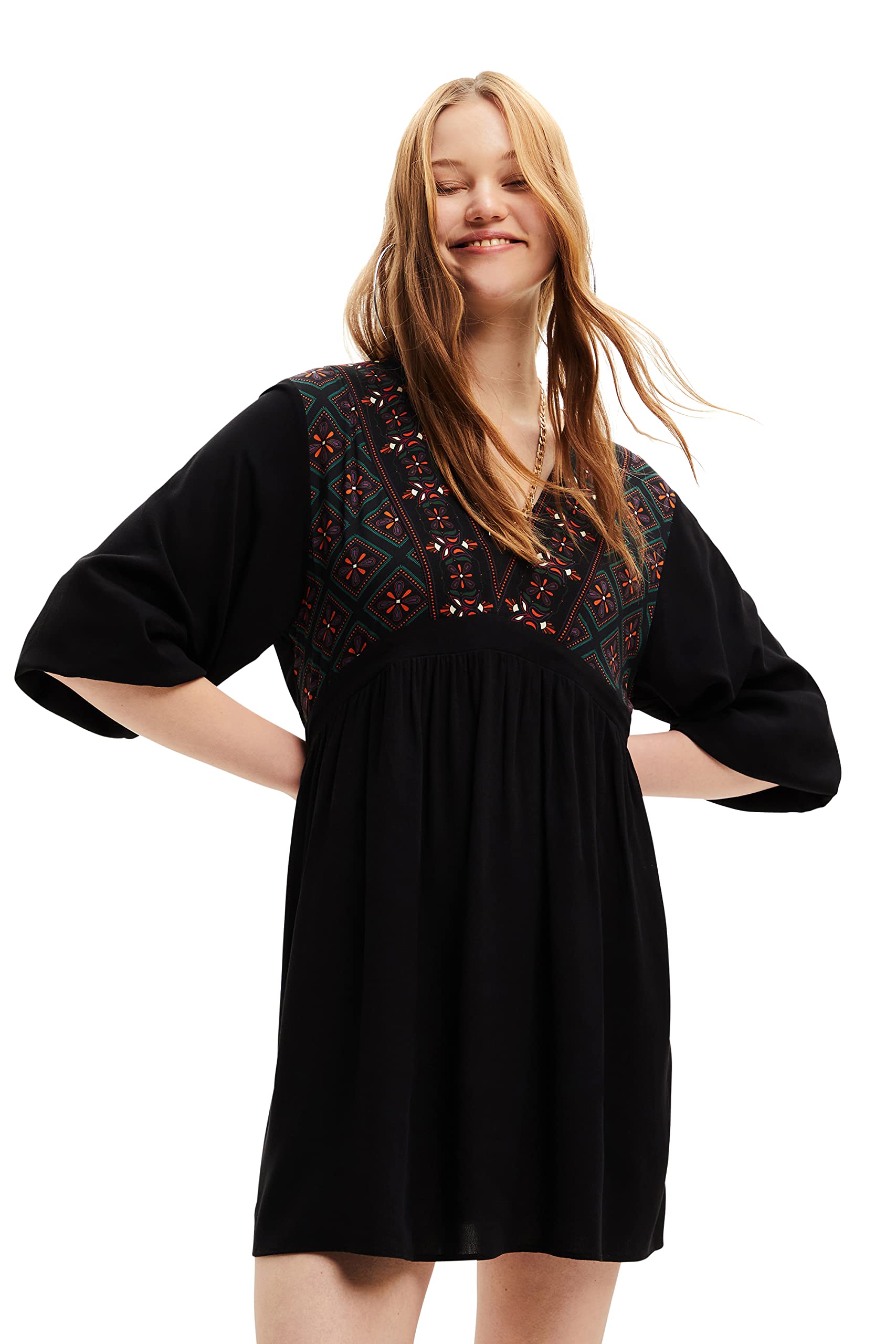 Desigual Damen Casual Dress - Langarmkleid mit geometrischem Muster. Schwarz GR. XXL