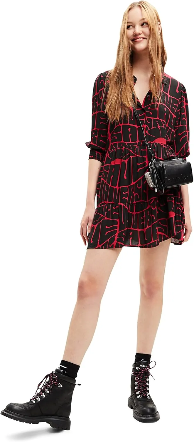 Desigual Damen Kleid - Schwarzes Kleid mit pinkem Schriftzug-Print 22WWVW203001 GR. S