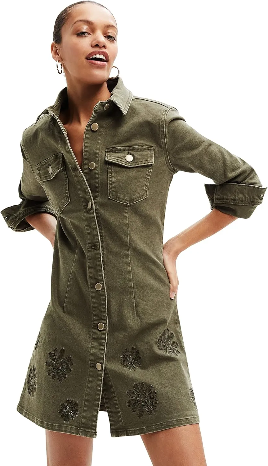 Desigual Damen Kleid - Khakifarbenes Jeanskleid mit Blumenstickerei 22WWVD144086 GR. M