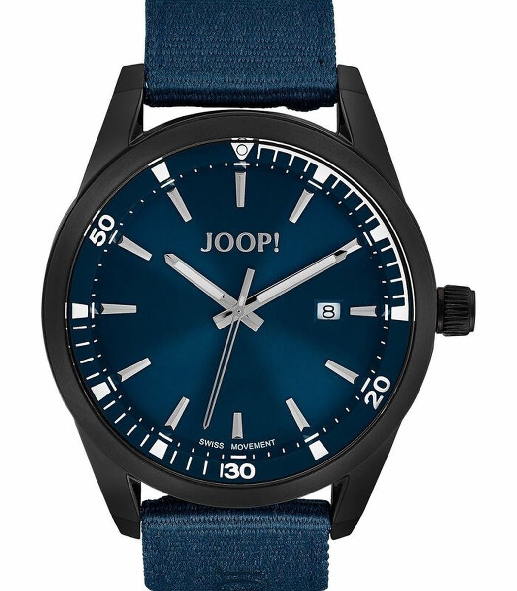 JOOP!, Uhr, aus, Edelstahl, mit, schwarzem, Lederarmband, schwarzes, Zifferblatt, mit, Datum, &, Wochentag, Quarzwerk, Leuchtzeiger, wasserdicht, bis, 50, m, 42, mm, Herren