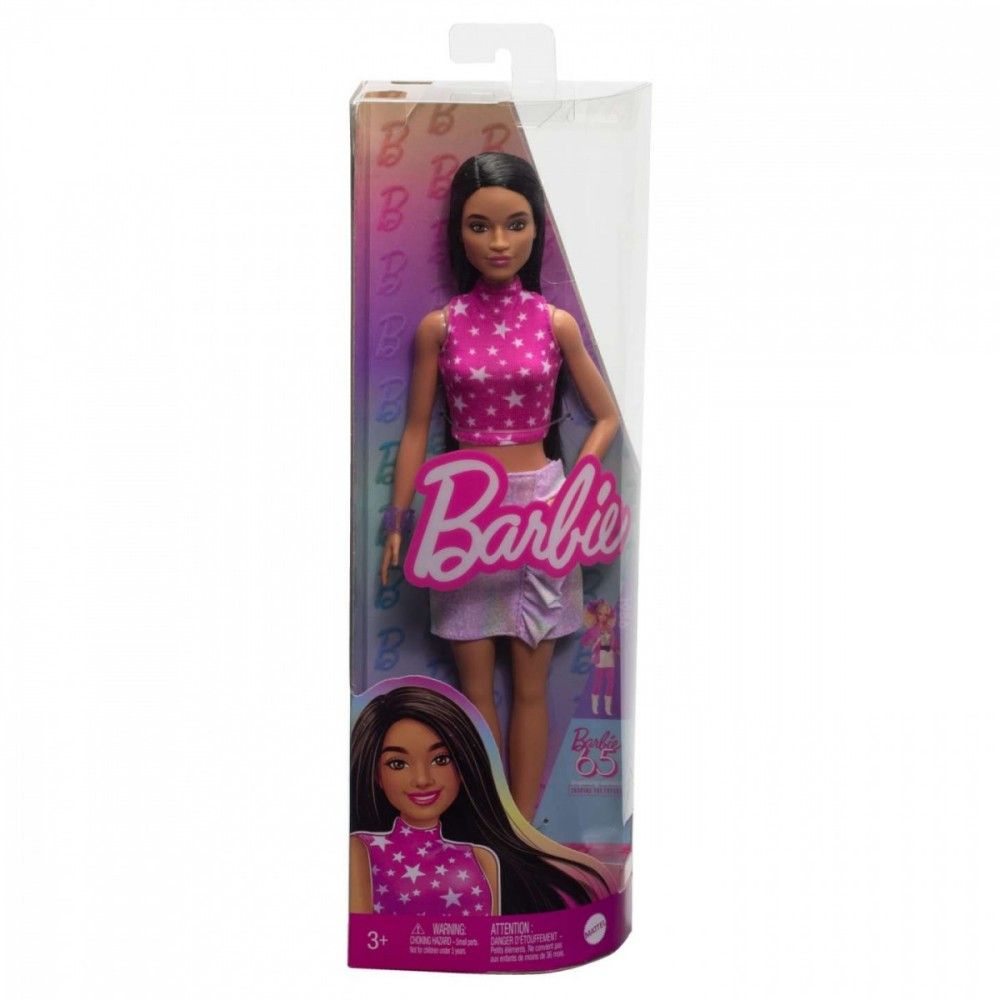 Barbie® Fashionistas-Puppe - 65th Anniversary, inspiriert von 1986, pinkfarbenes Oberteil mit Sternenmuster, schimmernder Rock mit Rüschen, weiße Stiefel & Armband, ab 3 Jahren