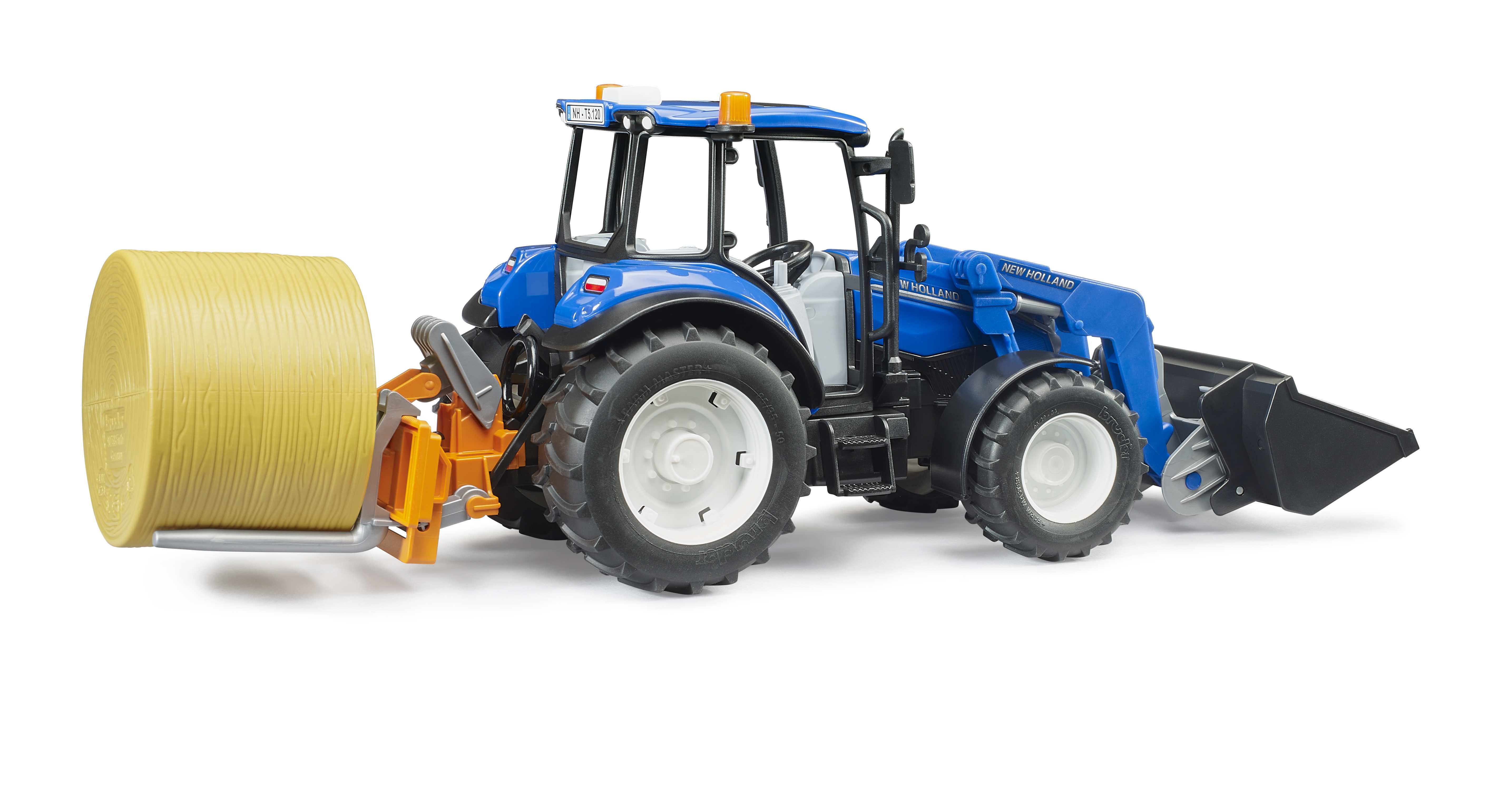 BRUDER 02187 - New Holland T5.120 mit Frontlader, Ladekasten, Gabeln und Rundballen - Bild 6
