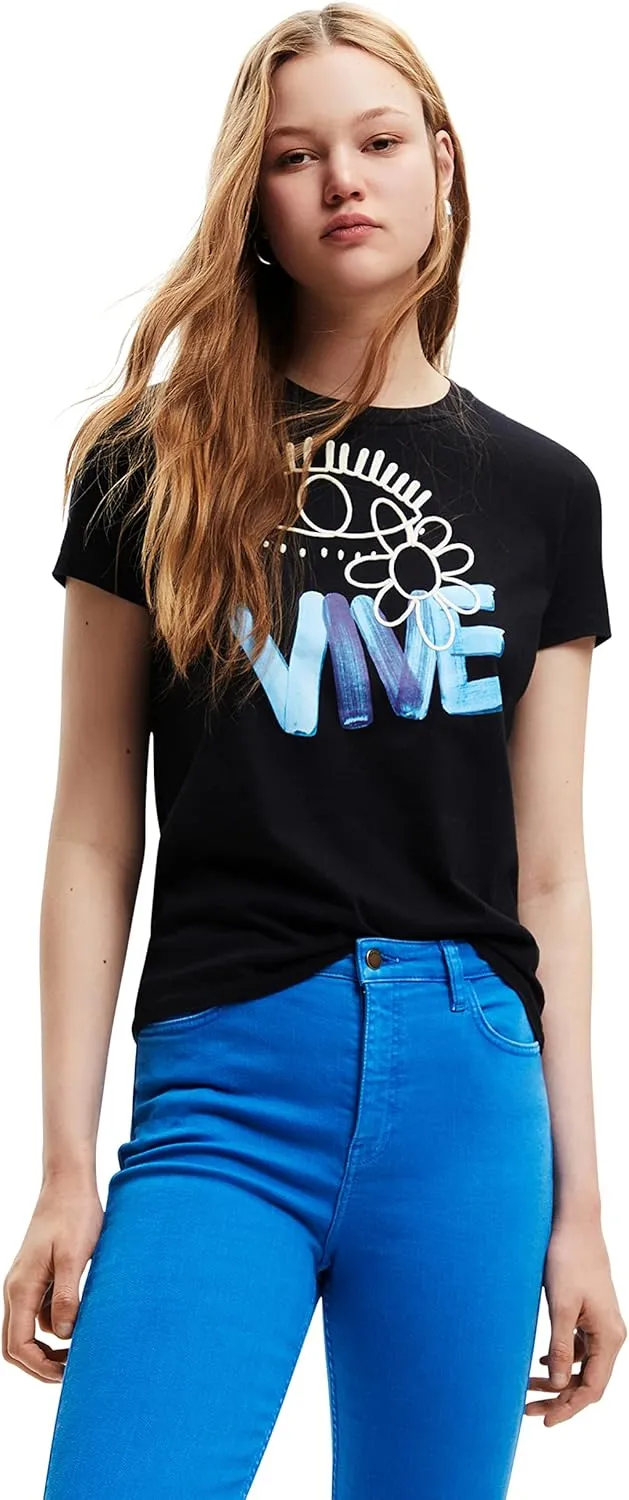 Desigual Damen T-Shirt - Schwarzes T-Shirt mit „VIVE“ Print 22WWTK172000 GR. XL