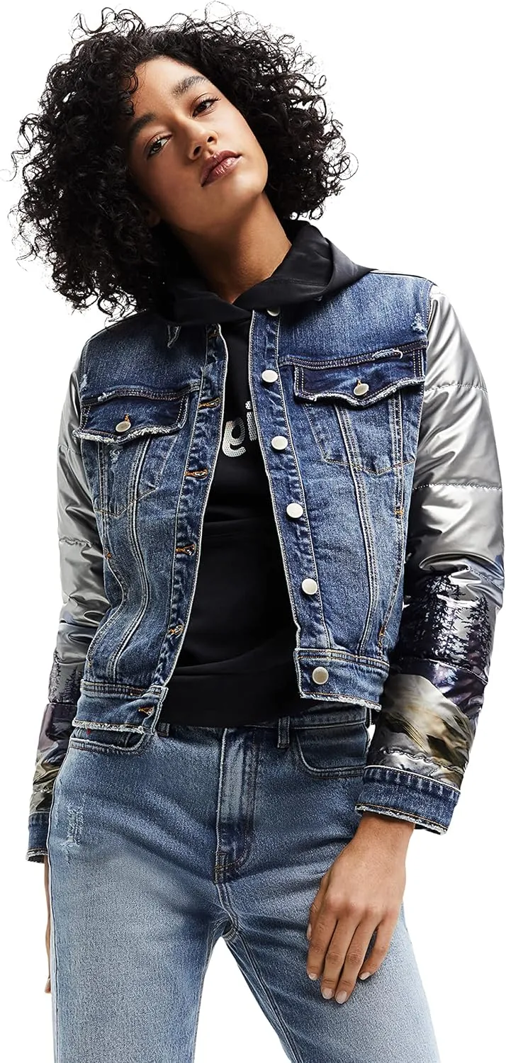 Desigual Damen Jacke - Jeansjacke mit silbernen Ärmeln 22WWEWAX2004 GR. S