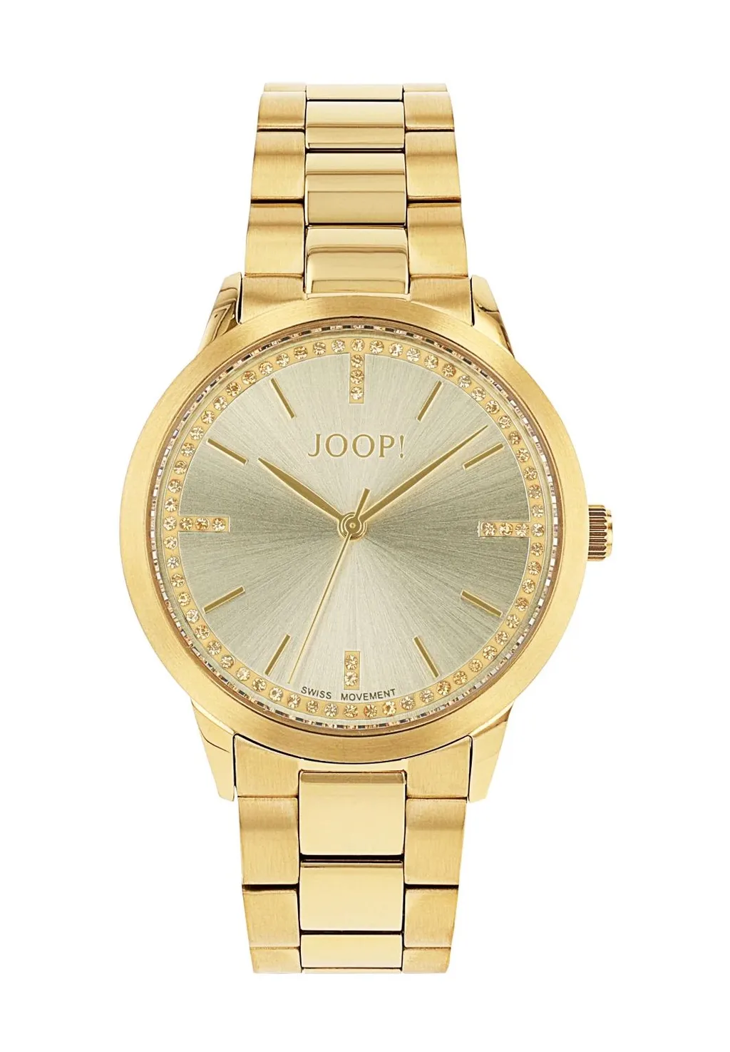 JOOP! Uhr - aus goldfarbenem Edelstahl, Zifferblatt mit Zirkonia-Besatz, Gliederarmband mit Kippfaltverschluss, Ronda Swiss Made Uhrwerk, wasserdicht bis 5 bar, Damen