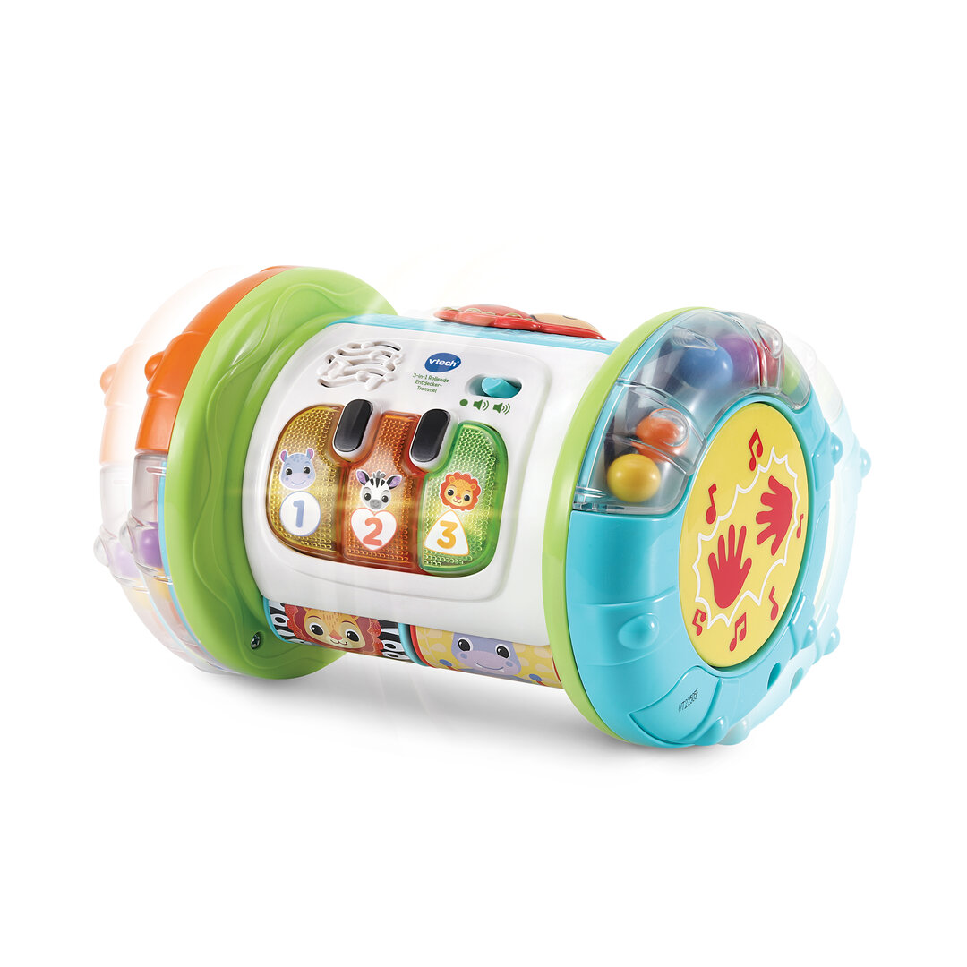 VTech 3-in-1 Rollende Entdecker-Trommel musikalischer Motorik-Spaß ab 9 Monaten VTech 3-in-1 Rollende Entdecker-Trommel in buntem Kunststoff  13,8×18,8 cm, Rollen, Trommeln, 5 Entdeckerseiten mit Leucht-Klavier, Musik 7 Lieder, 18 Melodien, Bewegungssensor, kindersicher, ab 9 Monaten, Spielzeug