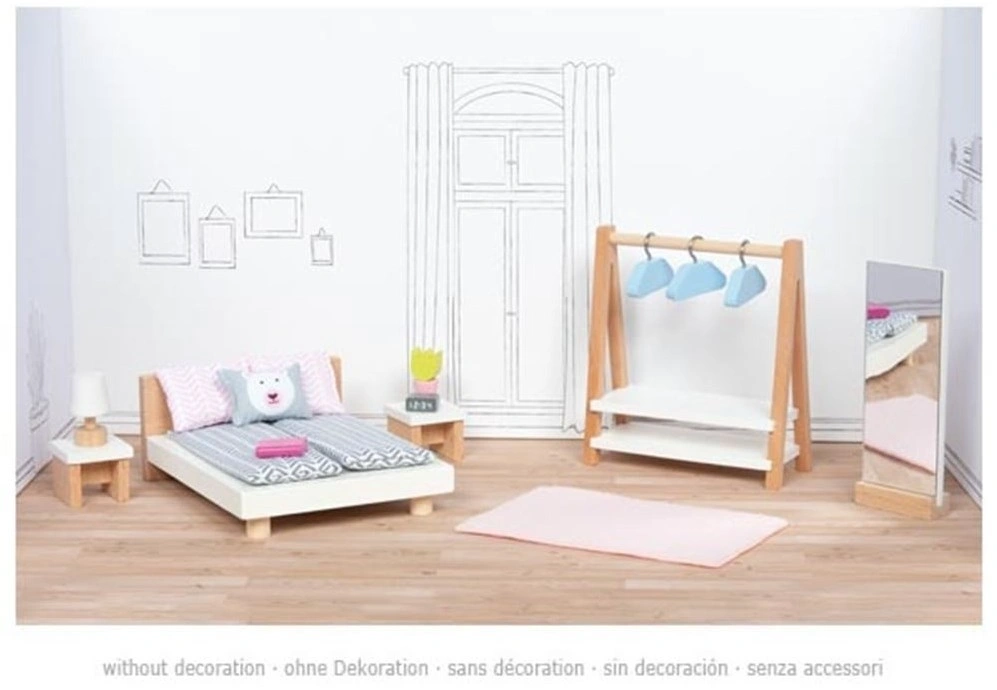 goki Puppenhaus Schlafzimmer - 18-teilig, modernes Design, Holz & Stoff