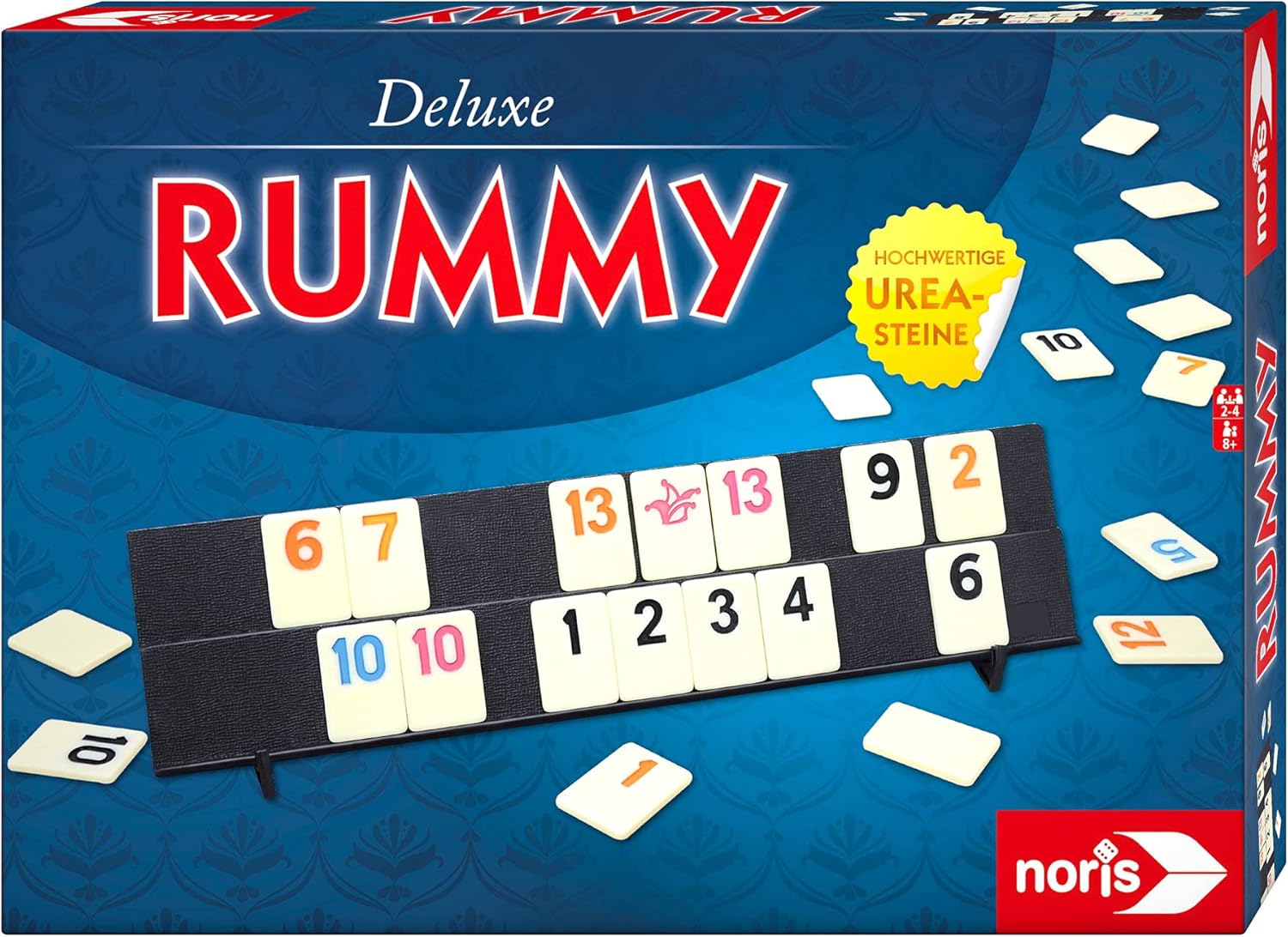 Noris Deluxe Set Rummy Familienspiel mit hochwertigen Spielsteinen 606101779 Text