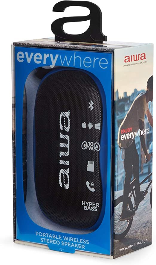 Aiwa_BS-110BL_Tragbarer_Lautsprecher,_Blau,_Bluetooth, Computerausrüstung, Elektronik, Hardware, Person