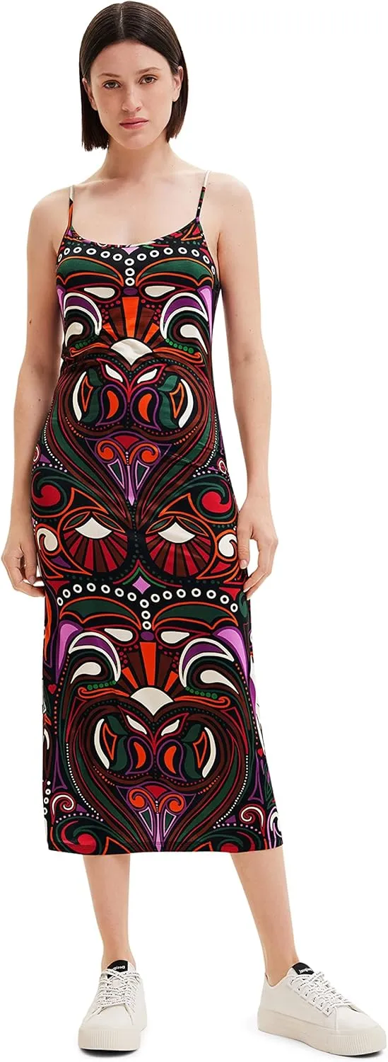 Desigual Damen Kleid - Buntes Midikleid mit Trägern und Retro-Muster 22WWVK232000 GR. M
