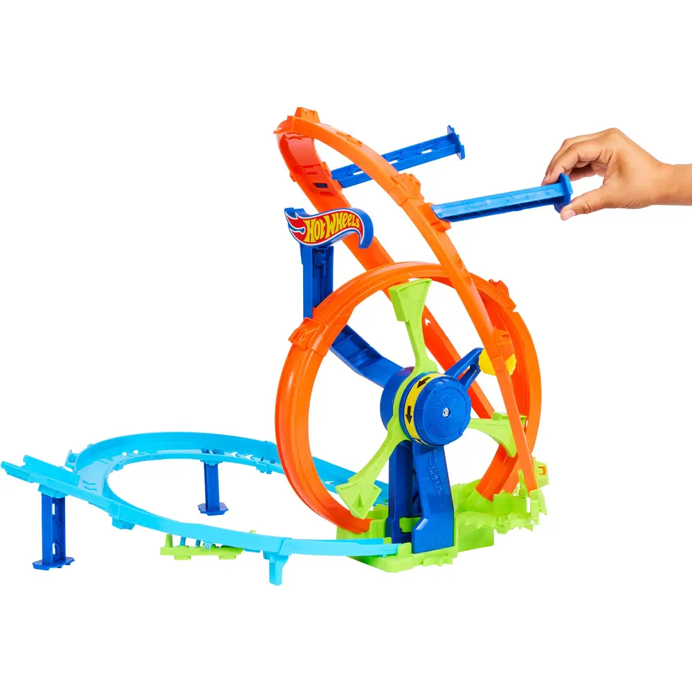 Hot Wheels Schnellstart- und Looping-Spielset mit Die-Cast-Spielzeugauto im Maßstab 1:64, Crash- und Streckenset